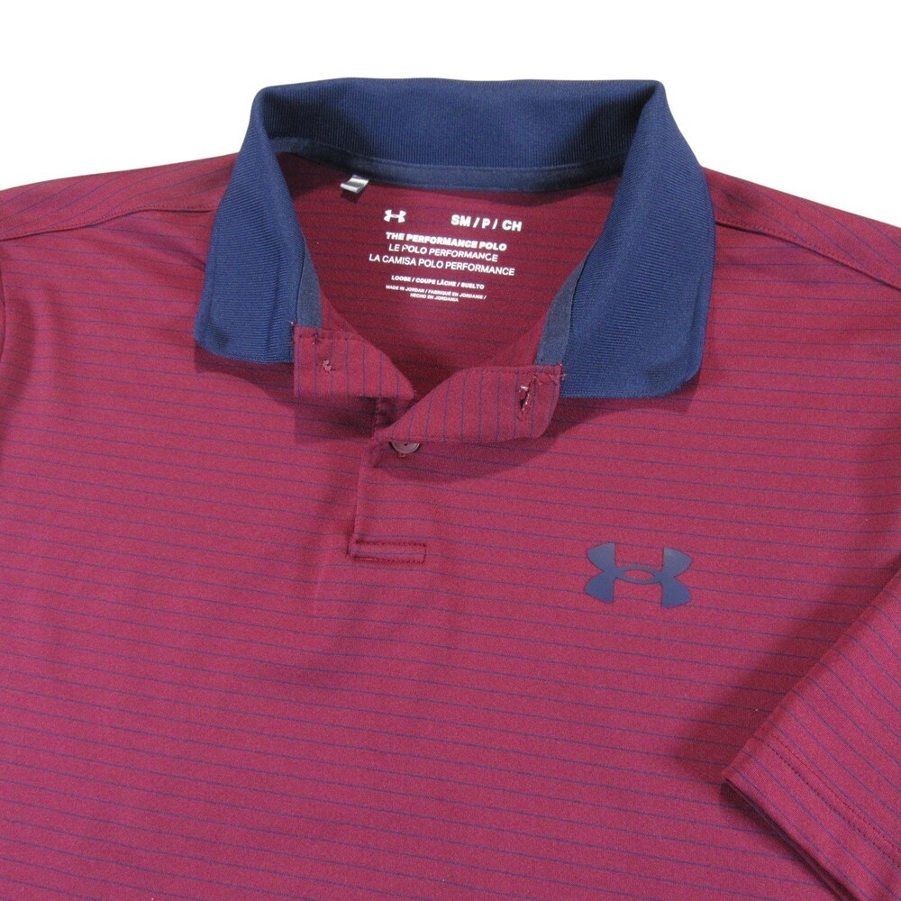 Under Armour Mens Polo Shirt Performance Polo S Loose Burgundy Striped Stretch
